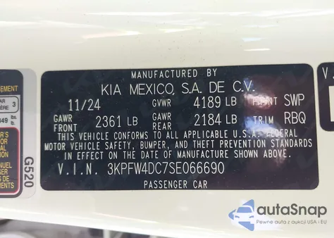 2025 Kia K4 Gt-Line Turbo z USA, uszkodzony, nr VIN 3KPFW4DC7SE066690